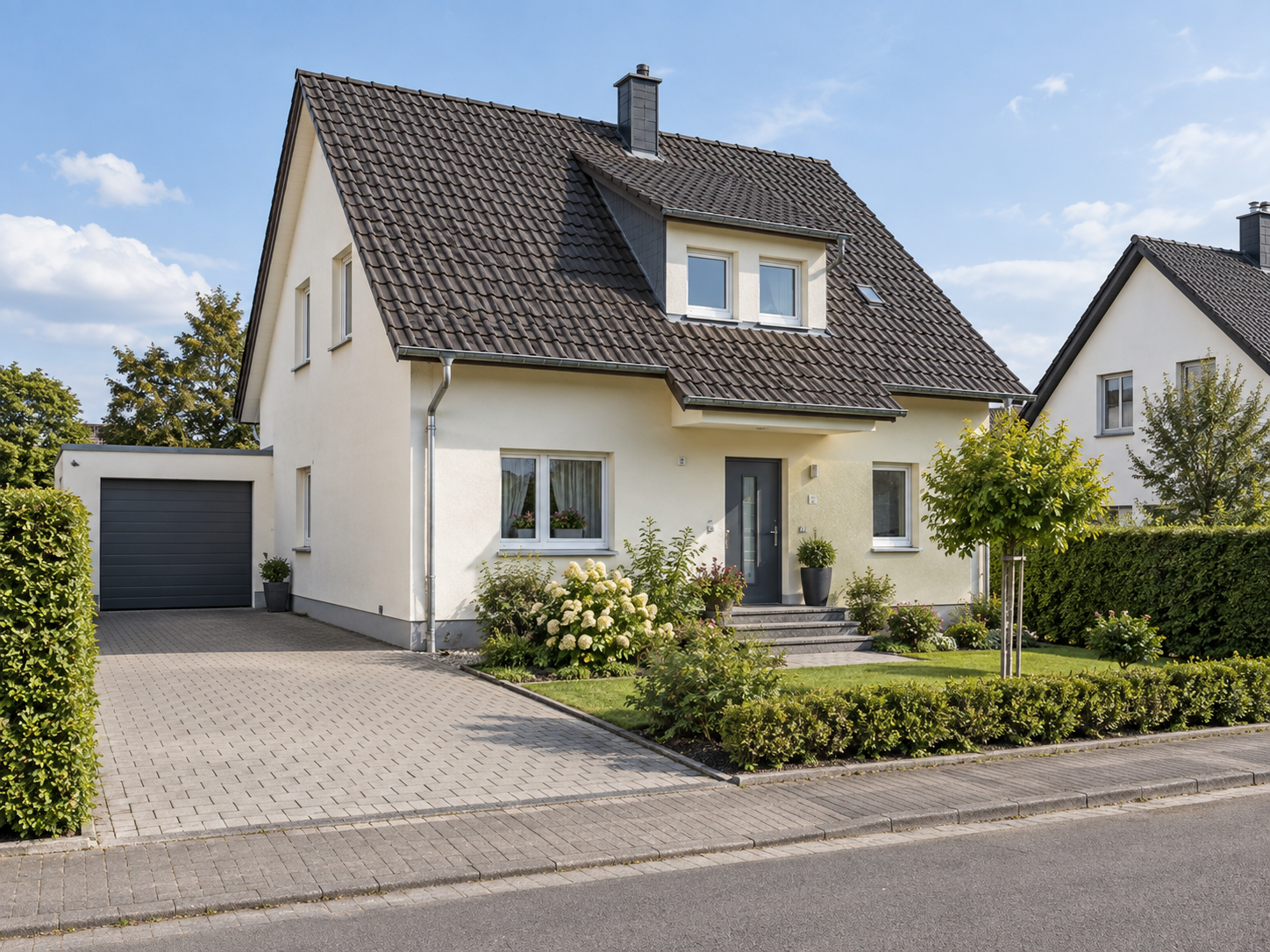 Freistehendes Wohnhaus mit Garten und heller Fassade