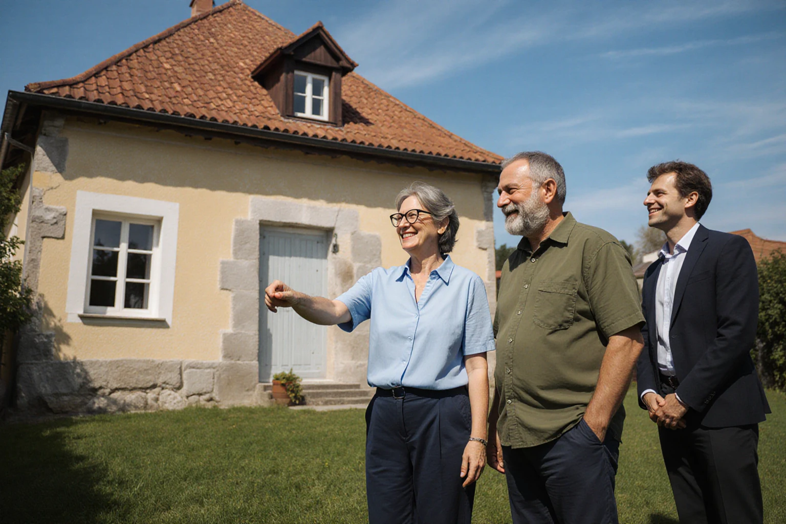 Drei Erwachsene bei der Besichtigung eines kleineren Wohnhauses mit Garten