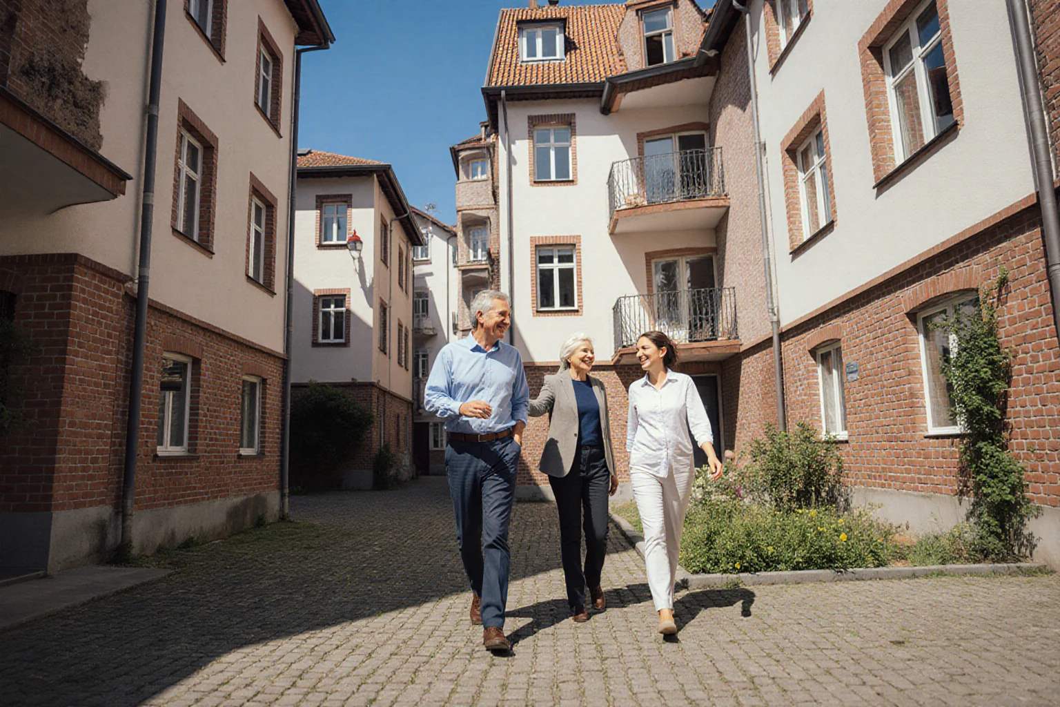 Drei Erwachsene bei einem Rundgang zwischen normalen Mehrparteienhäusern